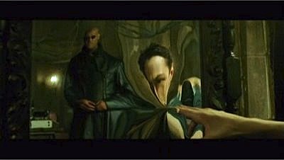 Neo enters the mirror (a reference to 
